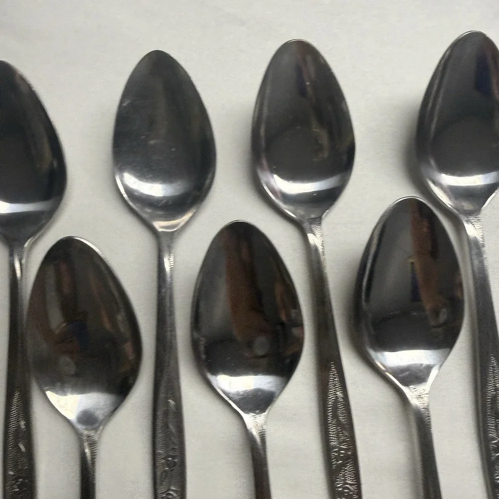 9 Vintage Customcraft CUS1 Soup Table Spoons Roses Stainless Steel Flatware
